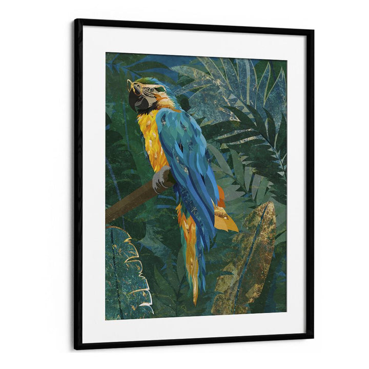 Blue Parrot in the Rainforest By Sarah Manovski Wildlife Paintings in Black Frame With Mount