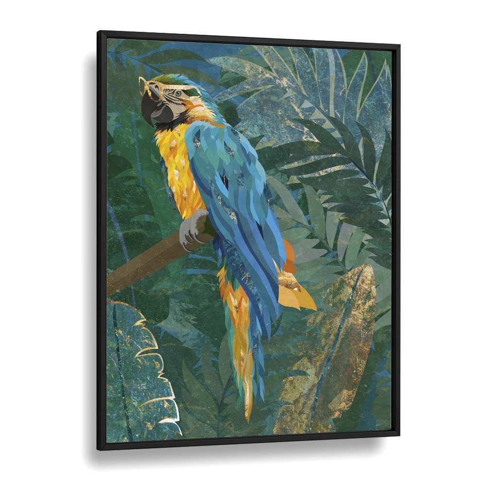 Blue Parrot in the Rainforest By Sarah Manovski Wildlife Paintings in Black Plain Frame