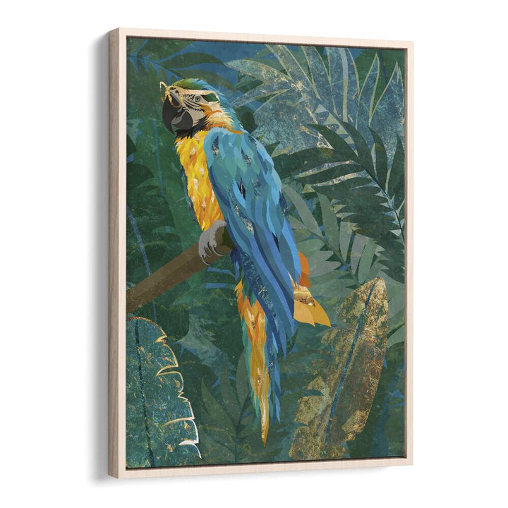 Blue Parrot in the Rainforest By Sarah Manovski Wildlife Paintings in Oak Wood Floater Frame