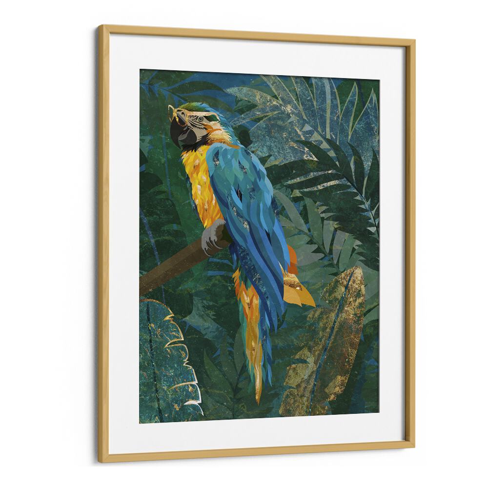 Blue Parrot in the Rainforest By Sarah Manovski Wildlife Paintings in Oak Wood Frame With Mount