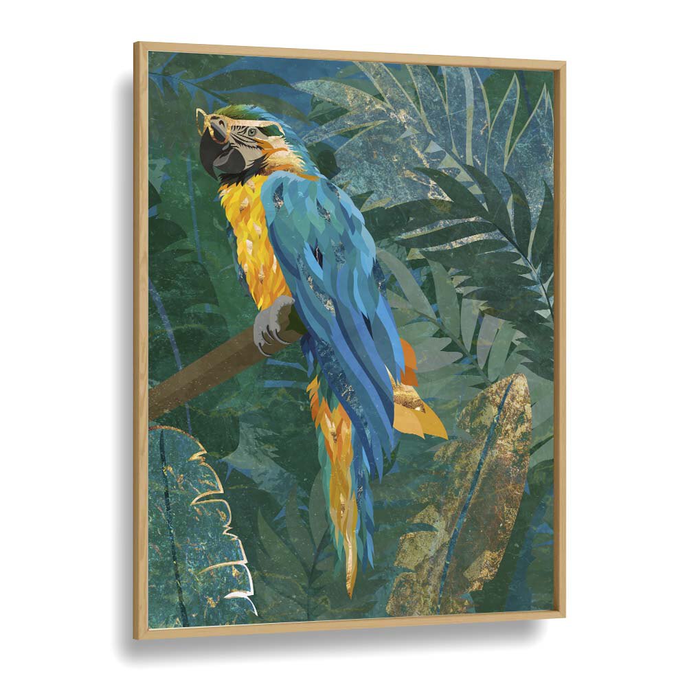 Blue Parrot in the Rainforest By Sarah Manovski Wildlife Paintings in Oak Wood Plain Frame