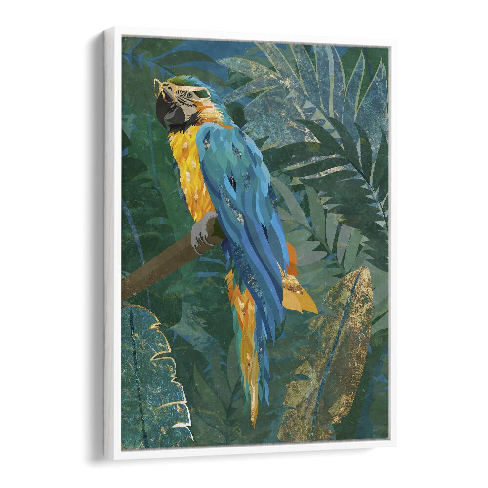 Blue Parrot in the Rainforest By Sarah Manovski Wildlife Paintings in White Floater Frame