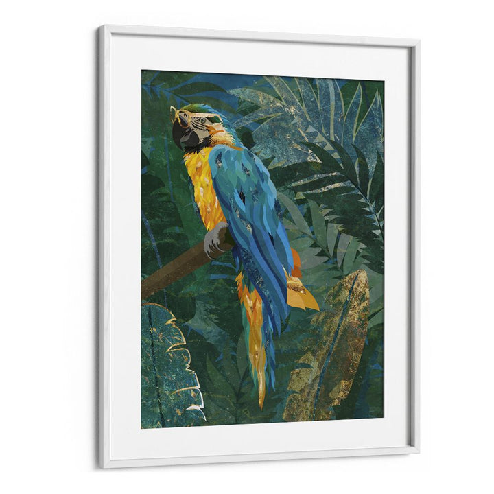 Blue Parrot in the Rainforest By Sarah Manovski Wildlife Paintings in White Frame With Mount