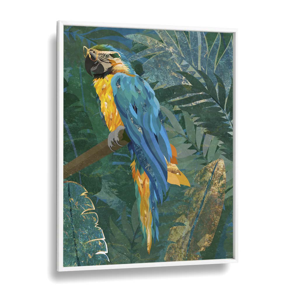 Blue Parrot in the Rainforest By Sarah Manovski Wildlife Paintings in White Plain Frame