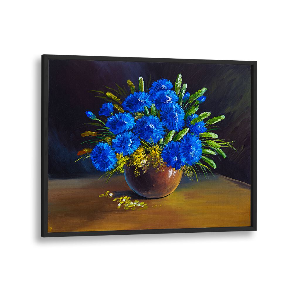 Blue Petals Vintage European Paintings in Black Plain Frame