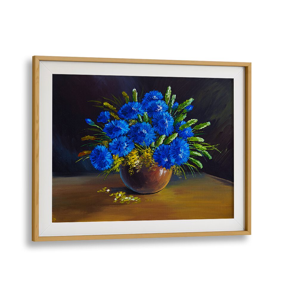 Blue Petals Vintage European Paintings in Oak Wood Frame With Mount