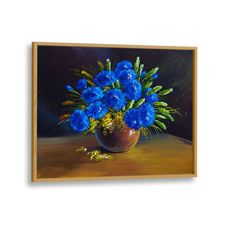 Blue Petals Vintage European Paintings in Oak Wood Plain Frame