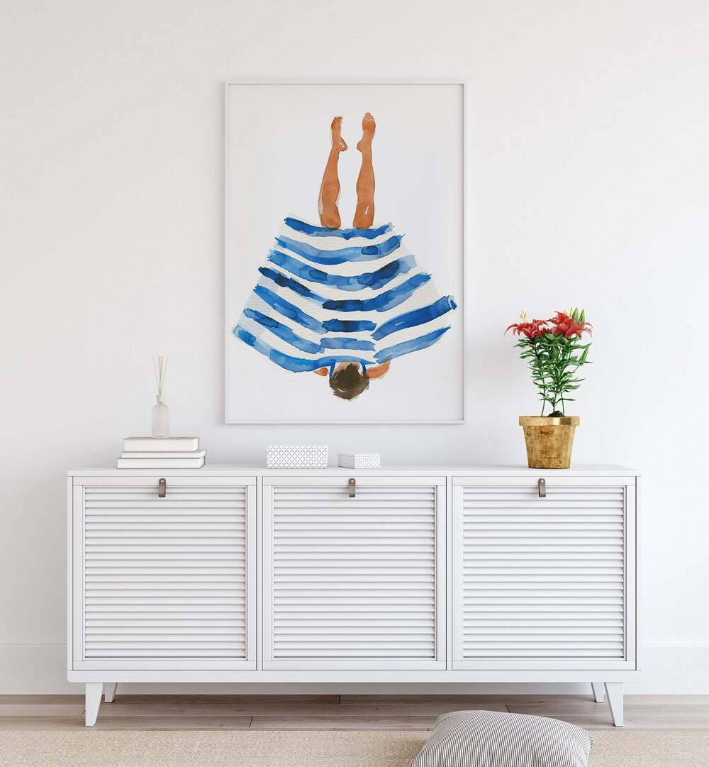 Blue Ranger  Women Illustrations paintings in White Plain Frame on a white wall placed on a console table