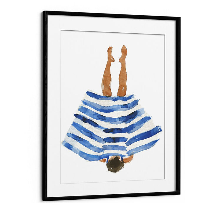 Framed artwork showcasing BLUE RANGER, PORTRAITS featuring a woman in a blue-striped dress, perfect for creative spaces.