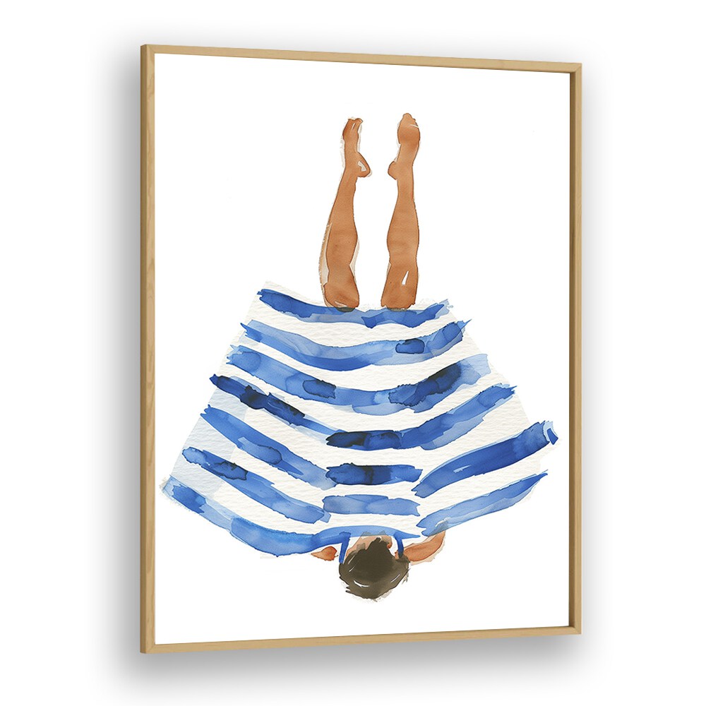 Elegant BLUE RANGER, PORTRAITS artwork featuring a figure draped in blue stripes, framed in oak wood. Perfect for any space.