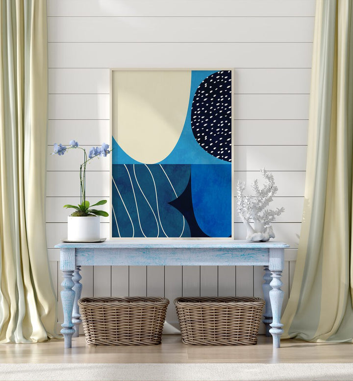 Blue Shapes Play II By Ana Rut Bre Abstract Art Abstract Wall Art in White Plain Frame placed  a table