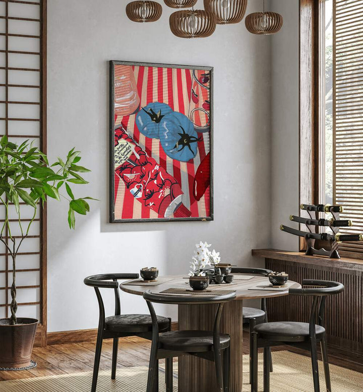 Blue Tomatoes by Studio Mandariini Kitchen Posters Kitchen Art Prints in Black Plain Frame placed on a wall in a dining room area behind a dining table beside a window