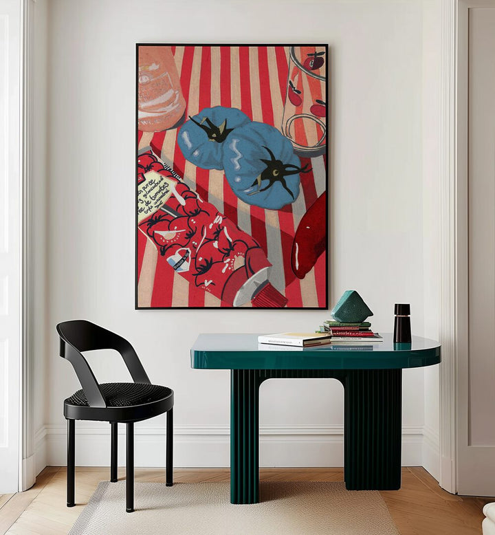 Blue Tomatoes by Studio Mandariini Kitchen Posters Kitchen Art Prints in Black Plain Frame placed on a wall behind a study table