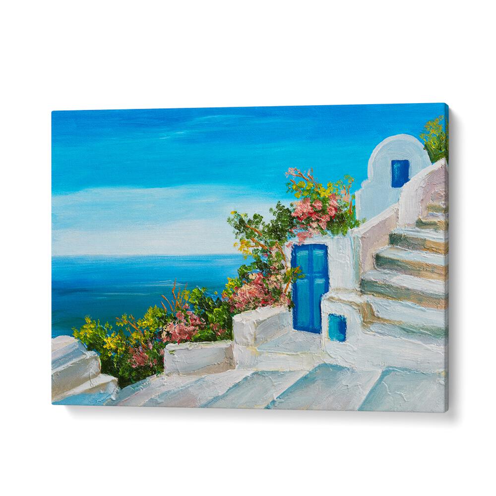 Beautiful Blue and White Santorini Palette, Vintage European Paintings showcase charming Greek island scenery.