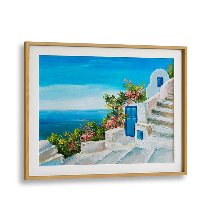 Beautiful blue and white Santorini palette, vintage European paintings capturing Greek island charm in an oak frame.