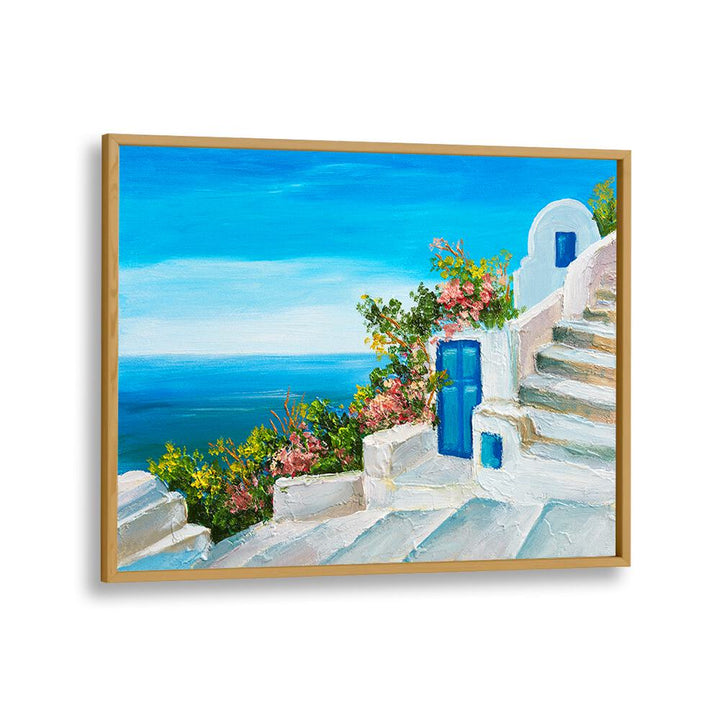 Stunning Blue and White Santorini Palette, Vintage European Paintings, framed art capturing Greek island beauty.