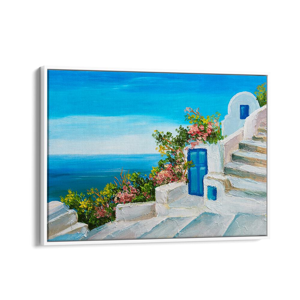 Stunning BLUE AND WHITE SANTORINI PALETTE, VINTAGE EUROPEAN PAINTINGS showcasing vibrant blues and white architecture.