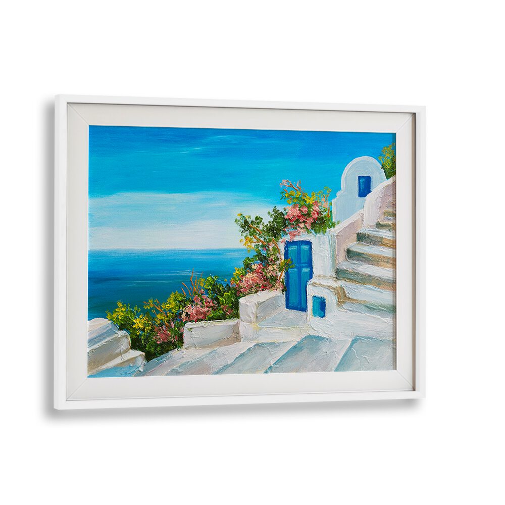 Vibrant Blue and White Santorini Palette, Vintage European Paintings capturing Greek island beauty in a stylish frame.