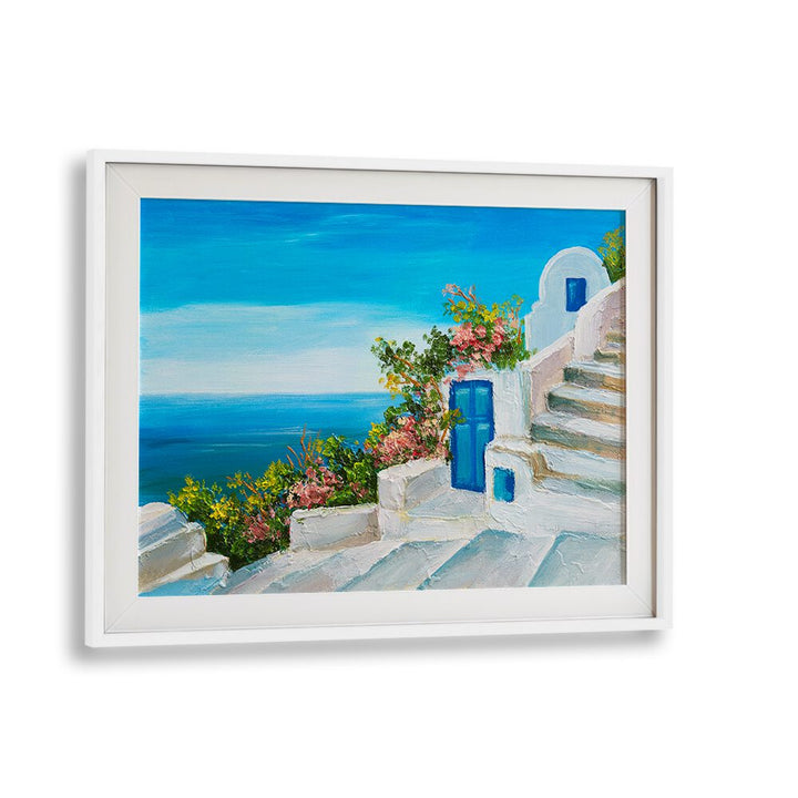 Vibrant Blue and White Santorini Palette, Vintage European Paintings capturing Greek island beauty in a stylish frame.