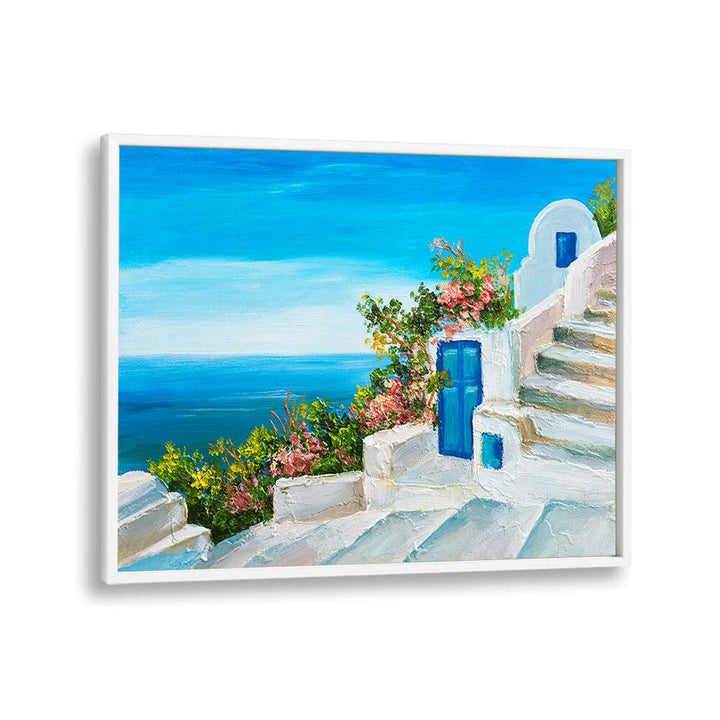 Experience the charm of the BLUE AND WHITE SANTORINI PALETTE, VINTAGE EUROPEAN PAINTINGS, showcasing stunning Greek beauty.