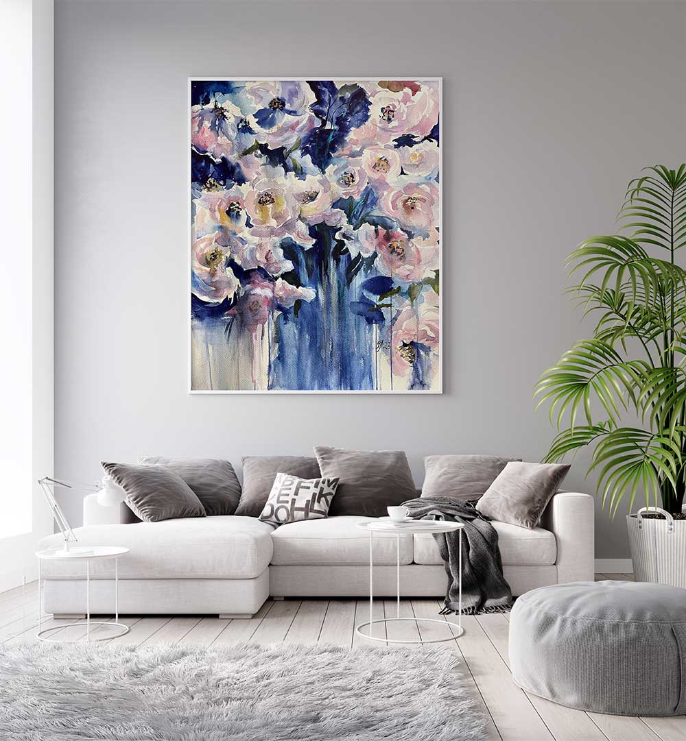 BLUE VASE , FLORAL FLOWER PAINTINGS