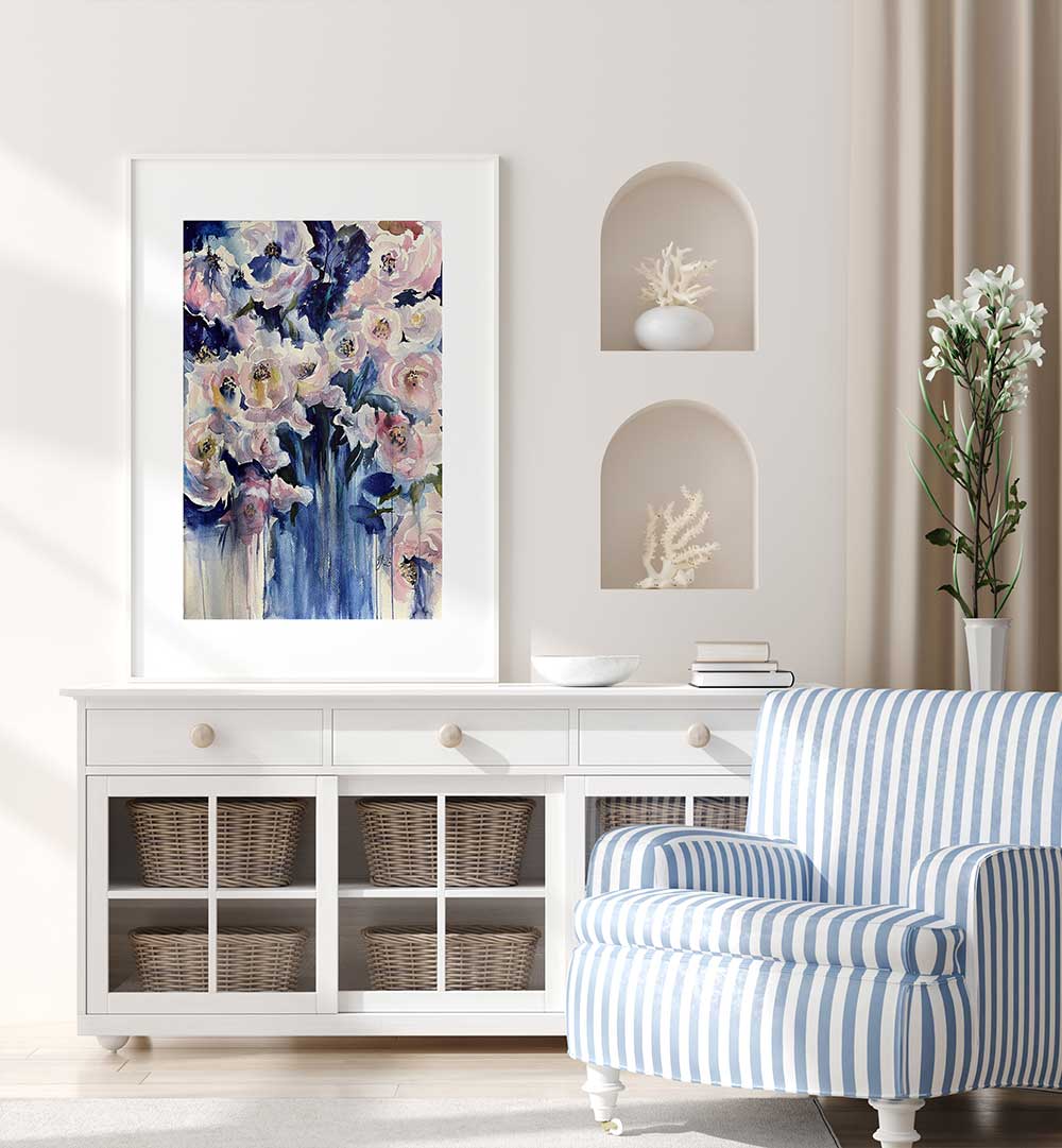 BLUE VASE , FLORAL FLOWER PAINTINGS