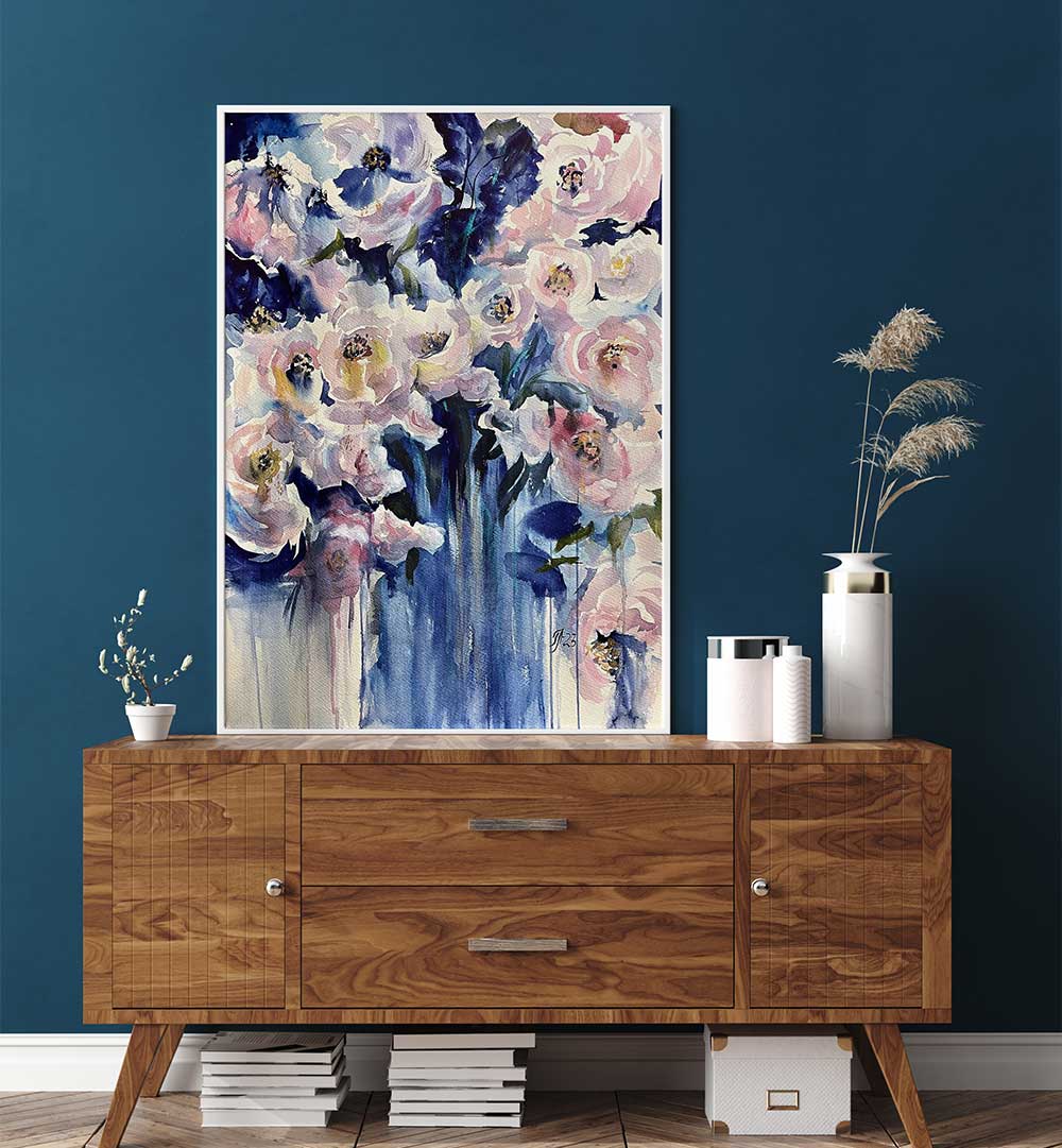 BLUE VASE , FLORAL FLOWER PAINTINGS