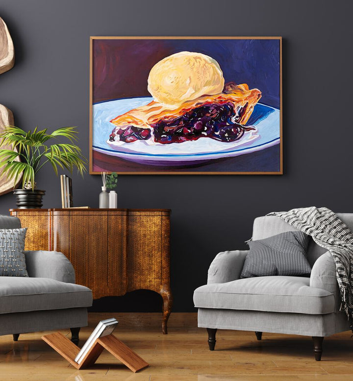 Blueberry Pie By Key And Sea Creative Bar and Cafe Art in Oak Wood Plain Frame behind a console table on a grey wall