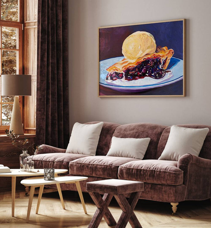 Blueberry Pie By Key And Sea Creative Bar and Cafe Art in Oak Wood Plain Frame on a cream wall behind a sofa for living room