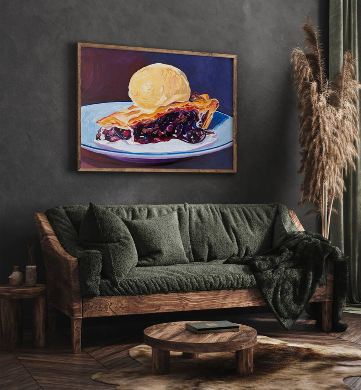 Blueberry Pie By Key And Sea Creative Bar and Cafe Art in Oak Wood Plain Frame behind a green sofa