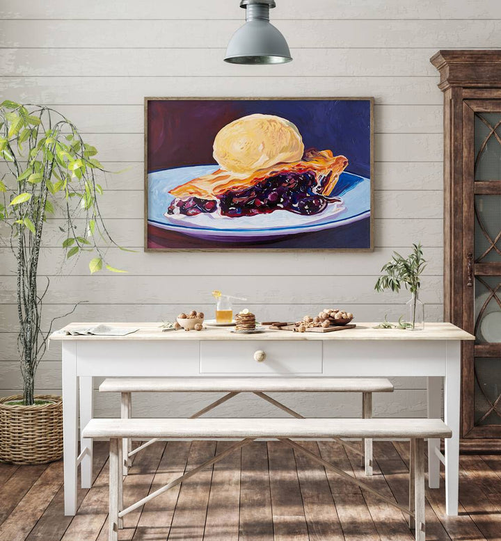 Blueberry Pie By Key And Sea Creative Bar and Cafe Art in Oak Wood Plain Frame behind a dining table for dining room