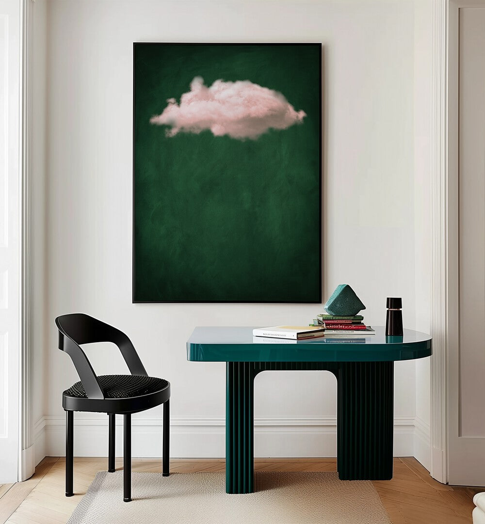 Blush Emerald Cloud By Aureous Abstract Paintings Abstract Art Prints in Black Plain Frame placed on a Cream Colored Wall near a Table in a Workspace in the Drawing Room