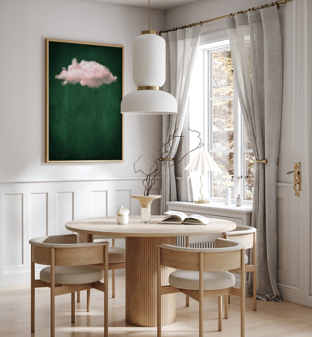 Blush Emerald Cloud By Aureous Abstract Paintings Abstract Art Prints in Oak Wood Plain Frame placed on a White Colored Wall near a Coffee Table in the Dining Room