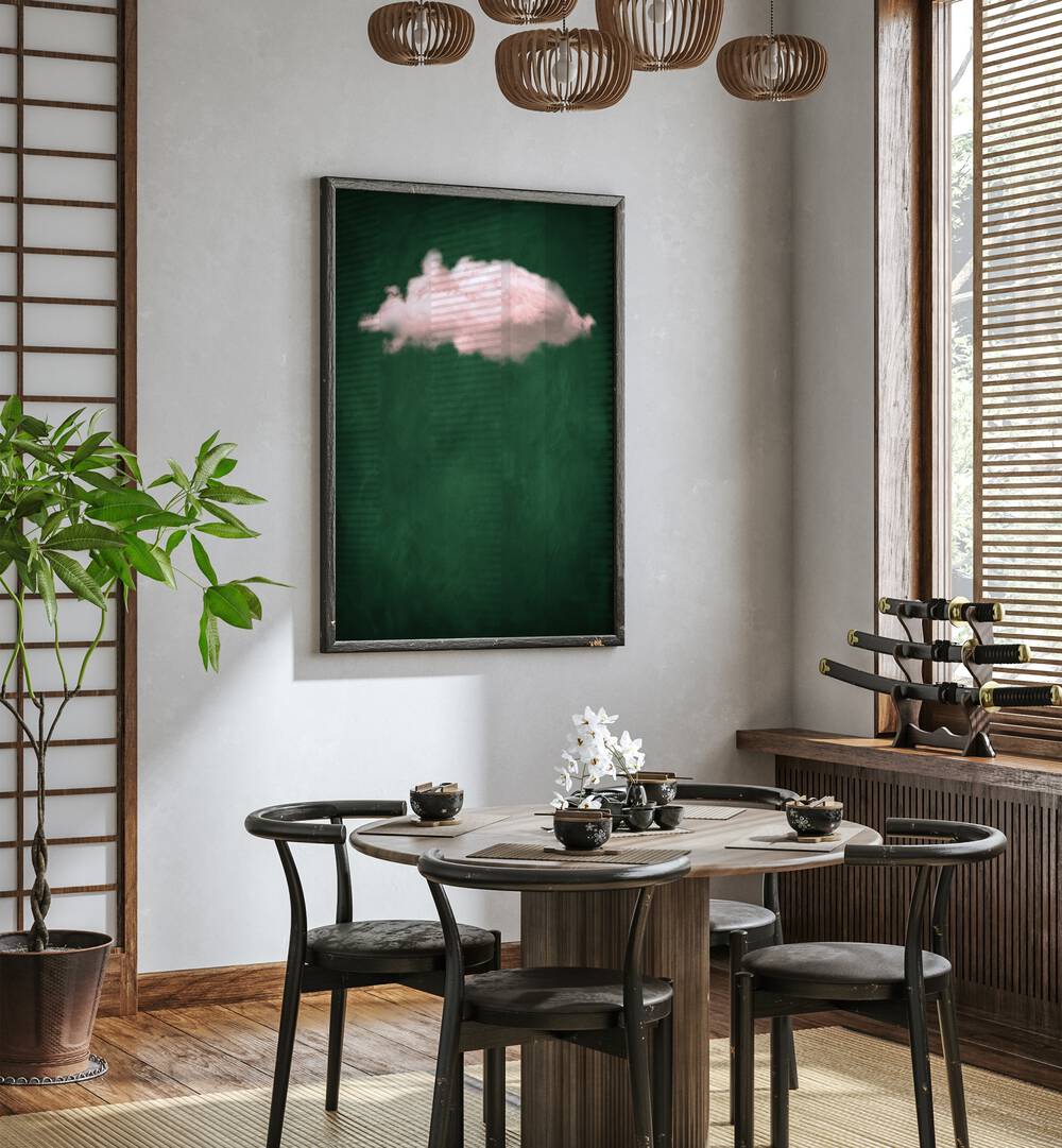 Blush Emerald Cloud By Aureous Abstract Paintings Abstract Art Prints in Dark Wood Plain Frame placed on a White Colored Wall near a Coffee Table in the Dining Room