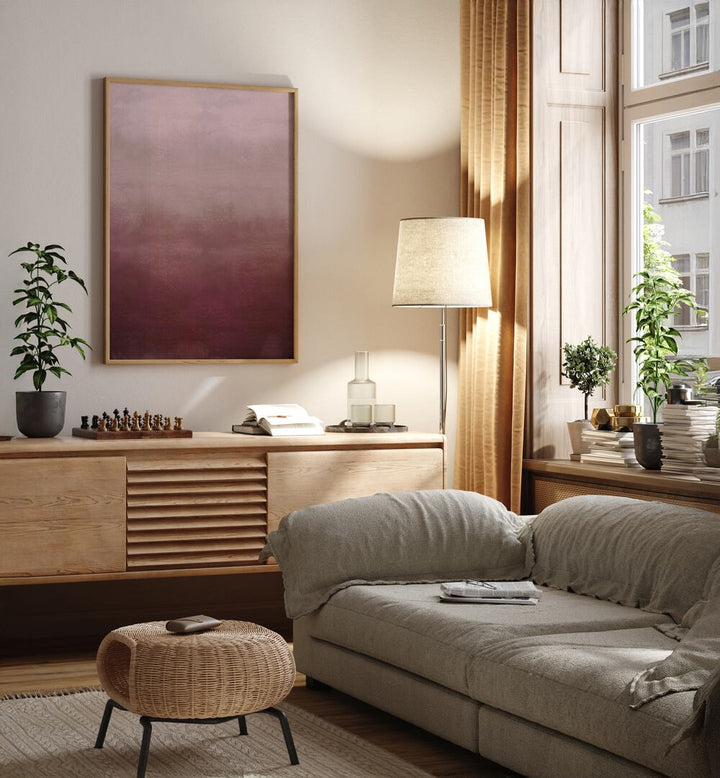 Blush Pink Abstract Abstract Art Abstract Paintings in Oak Wood Plain Frame placed on a Cream Colored Wall above a Console Table near a Light Grey Sofa in the Living Room