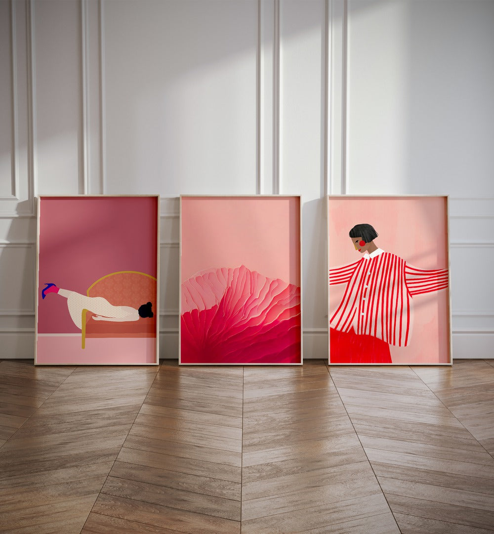 Blush Pink Set Set Of 3 Paintings in Oak Wood Plain Frame placed on the floor