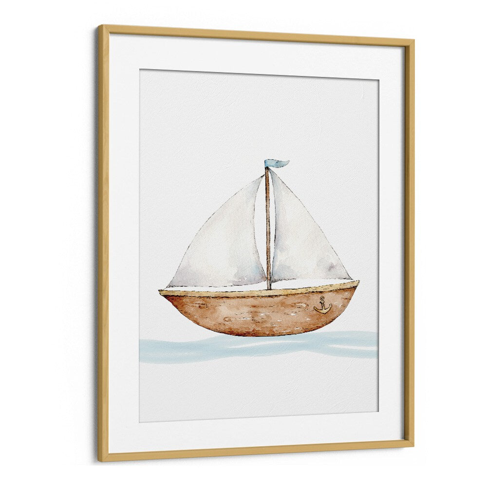 Boat-Nautical  Kids Paintings in Oak Wood Frame With Mount