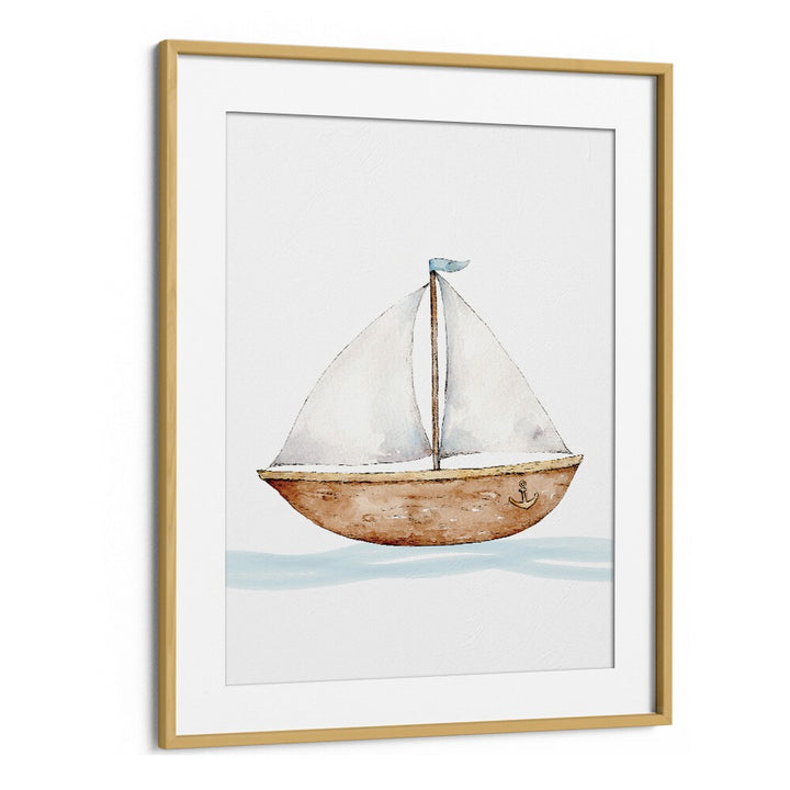 Boat-Nautical  Kids Paintings in Oak Wood Frame With Mount