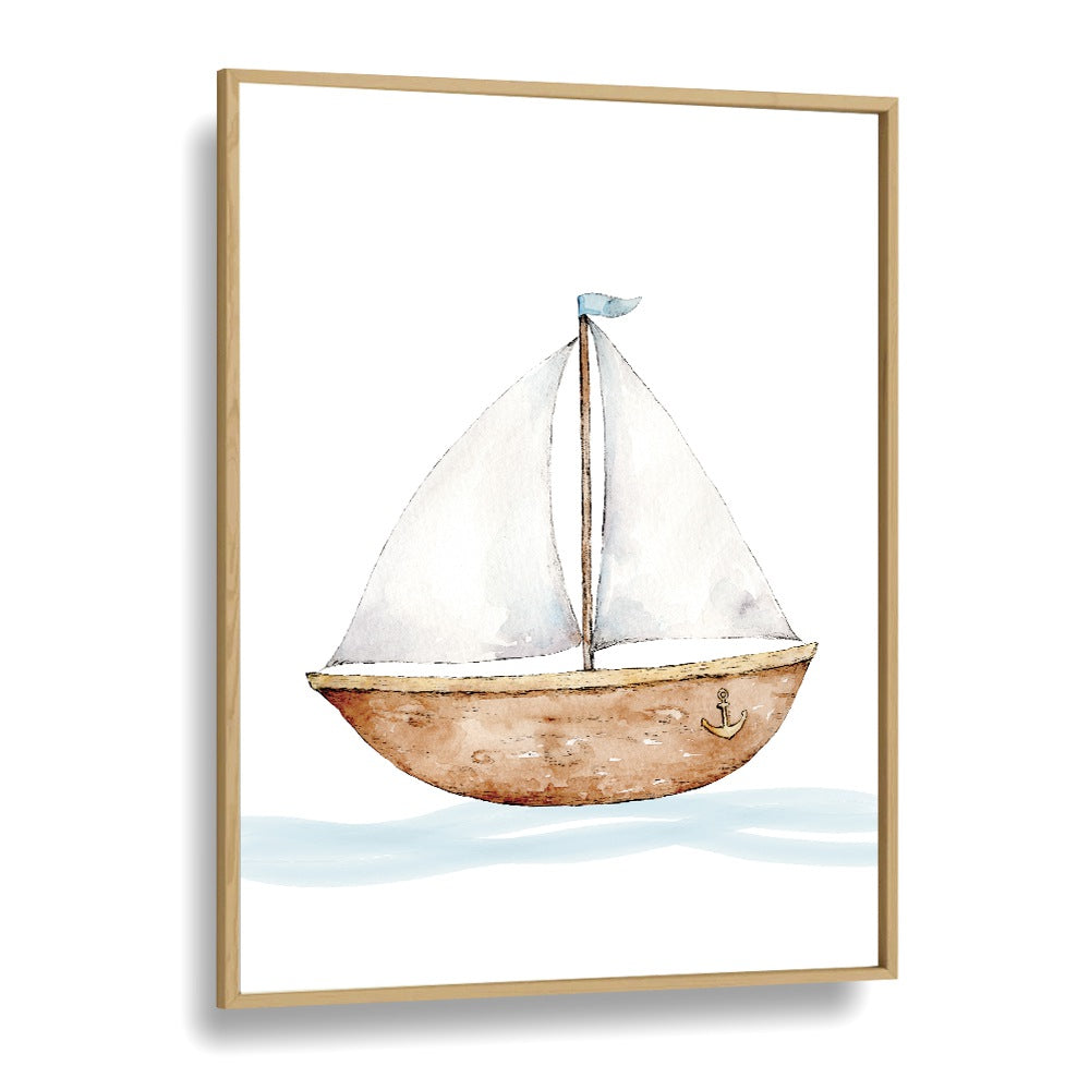 Boat-Nautical  Kids Paintings in Oak Wood Plain Frame