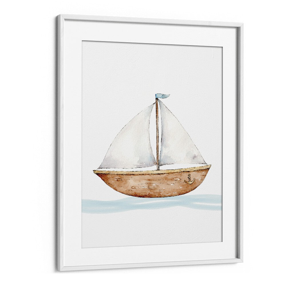 Boat-Nautical  Kids Paintings in White Frame With Mount