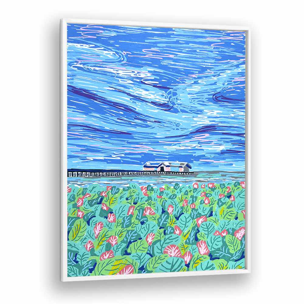 Boathouse By Key And Sea Creative Landscape Art Print in White Plain Frame