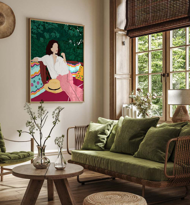 Bohemian Soul By Uma Gokhale Woman Illustration Paintings in Oak Wood Plain Frame on a wall beside a window for living room