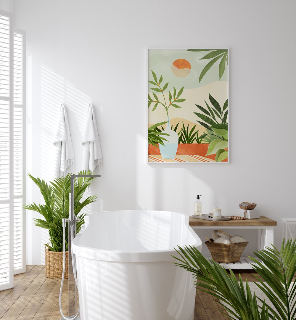 Bohemian Terrace by Kristian Gallagher Wall Art Prints in White Plain Frame placed in a bathroom behind a bathtub on a wall