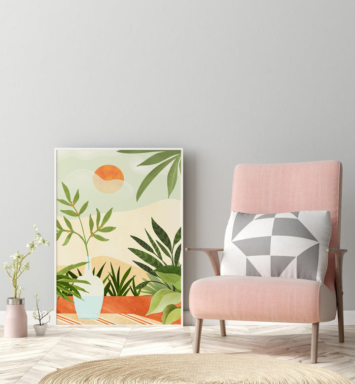 Bohemian Terrace by Kristian Gallagher Wall Art Prints in White Plain Frame placed on the floor beside a chair