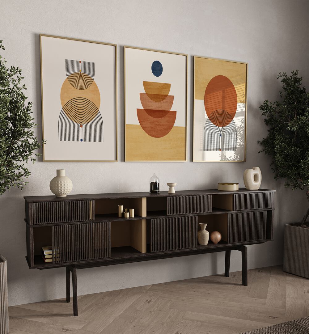 Boho Geometrical Awakenings Set Of 3 Paintings in Oak Wood Plain Frame placed on a wall behind a console table