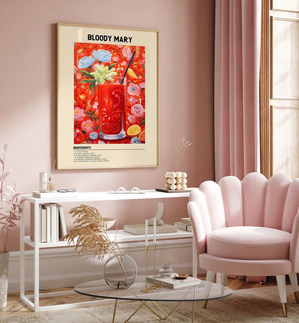 Bold Awakening Bloody Mary Cafe Art Prints Cafe Posters in Oak Wood Plain Frame placed on a wall behind a table