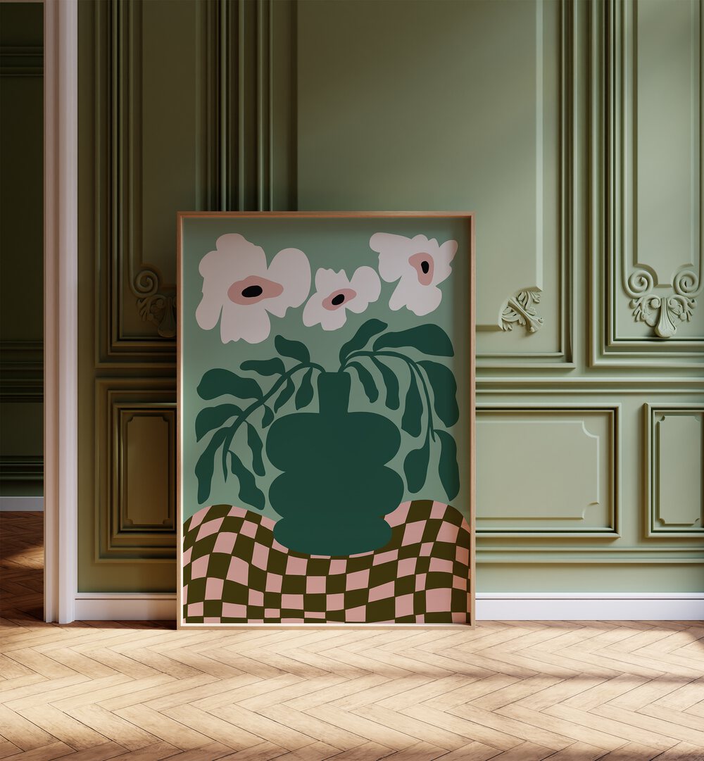 Bold Blossom Pottery By Miho Art Studio Botanical Art Prints Floral Paintings in Oak Wood Plain Frame placed on the floor near a Green Colored Wall in the Alley Way