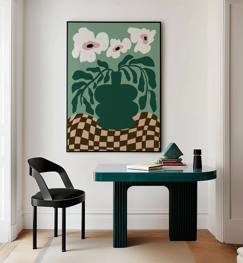 Bold Blossom Pottery By Miho Art Studio Botanical Art Prints Floral Paintings in Black Plain Frame placed on a Cream Colored Wall near a Table in a Workspace in the Drawing Room