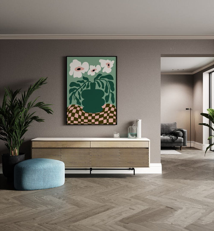 Bold Blossom Pottery By Miho Art Studio Botanical Art Prints Floral Paintings in Black Plain Frame placed on a Beige Colored Wall above a Console Table in the Drawing Room