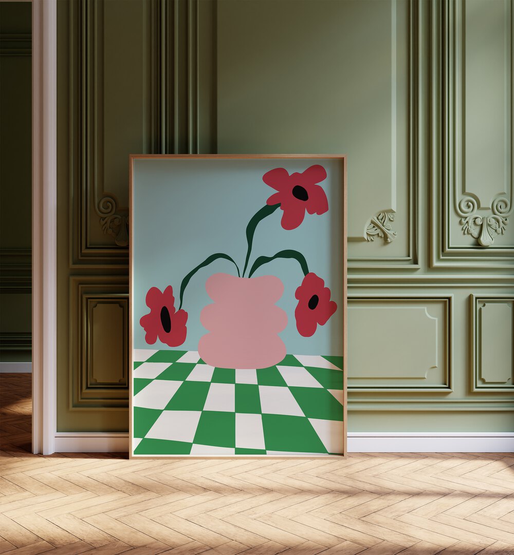 Bold Clay Florals By Miho Art Studio Botanical Art Prints Floral Paintings in Oak Wood Plain Frame placed on the floor near a Green Colored Wall in the Alley Way